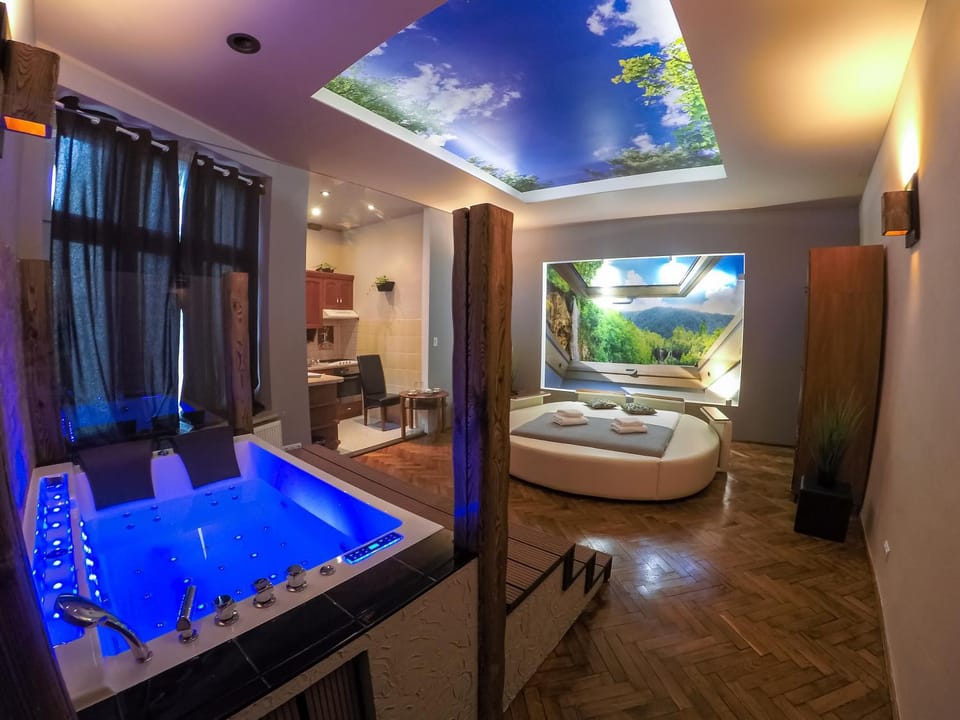 Bed, Hot Tub, Living room, Photo of the whole room, Seating area