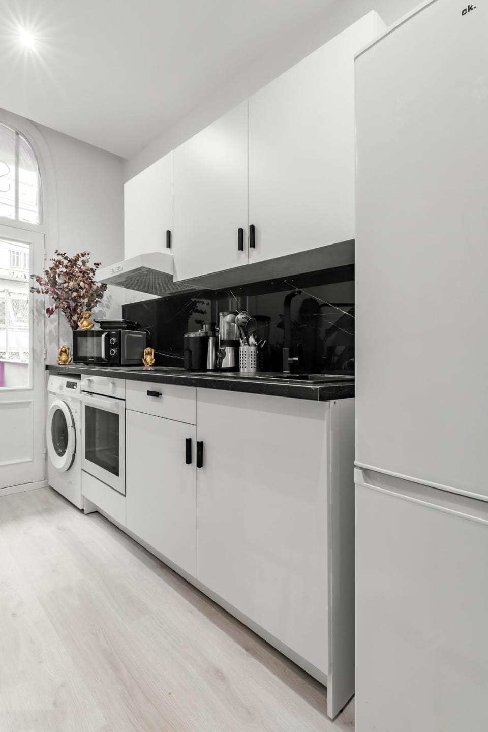 Kitchen or kitchenette, dishwasher, oven, washing machine, dryer