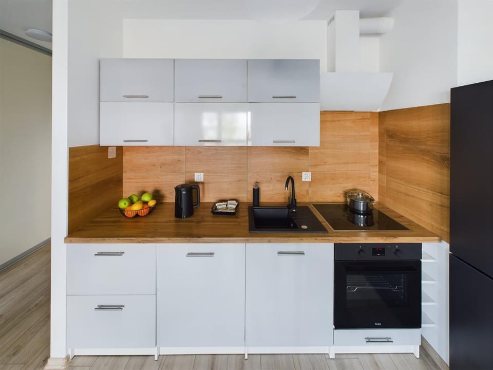 Kitchen or kitchenette, stove