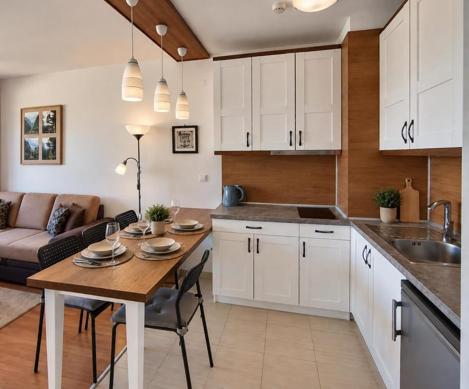 Kitchen or kitchenette, Living room, Dining area, stove