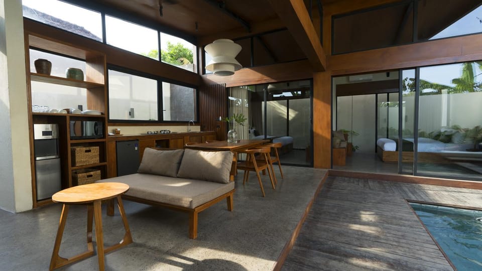 Living room, Seating area, Dining area, Pool view