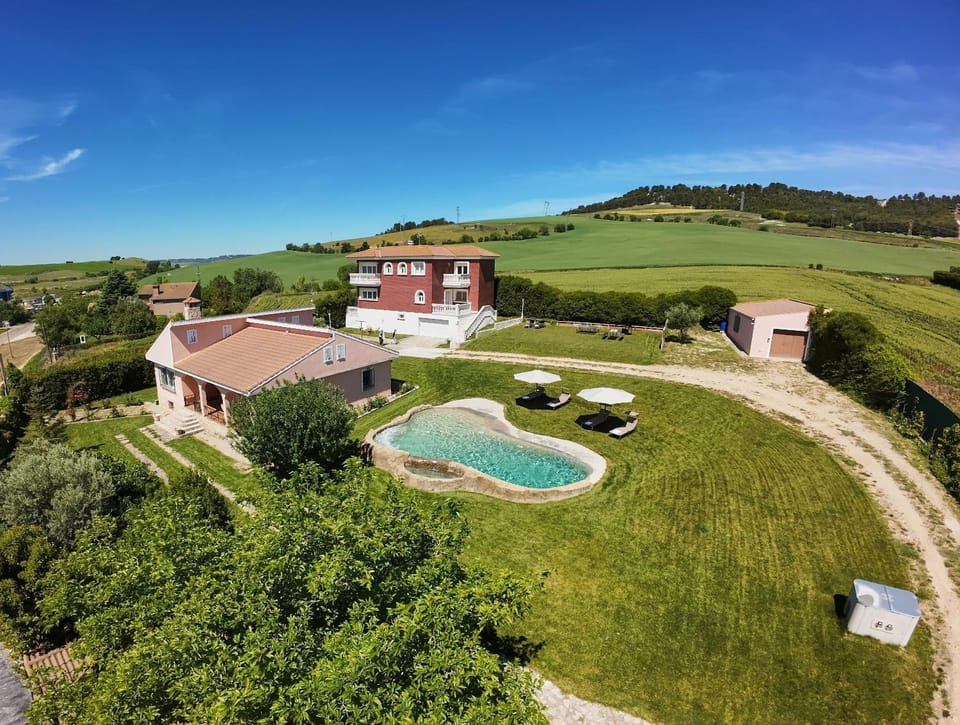 Property building, Spring, Day, Natural landscape, Bird's eye view, Garden, Garden view, Pool view, Swimming pool, group of guests, sunbed