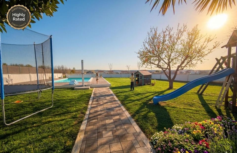 Natural landscape, Garden, Garden view, Pool view, Swimming pool, sunbed