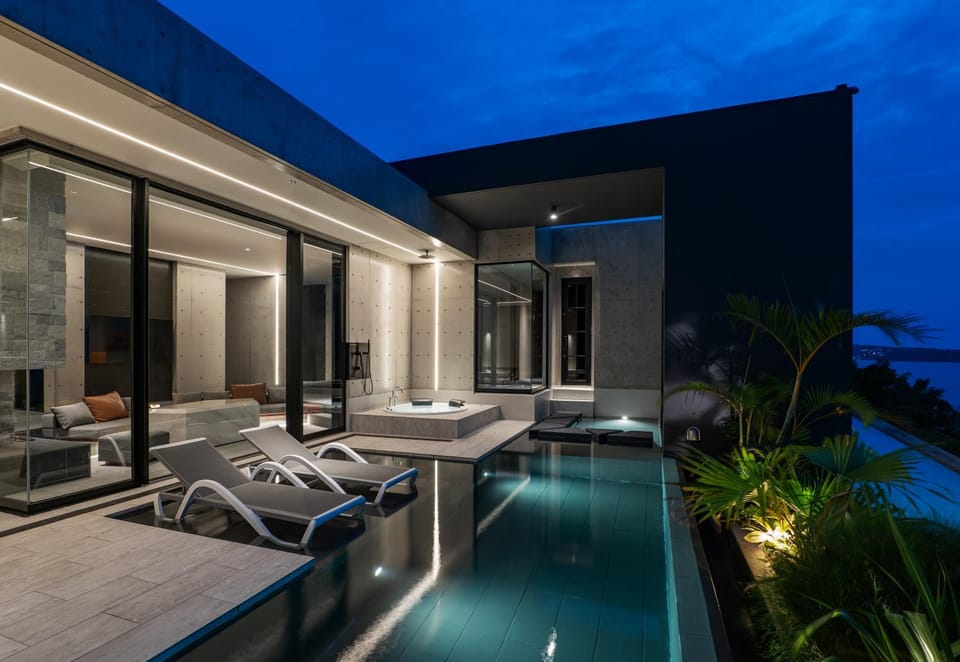 Night, View (from property/room), Swimming pool, sunbed