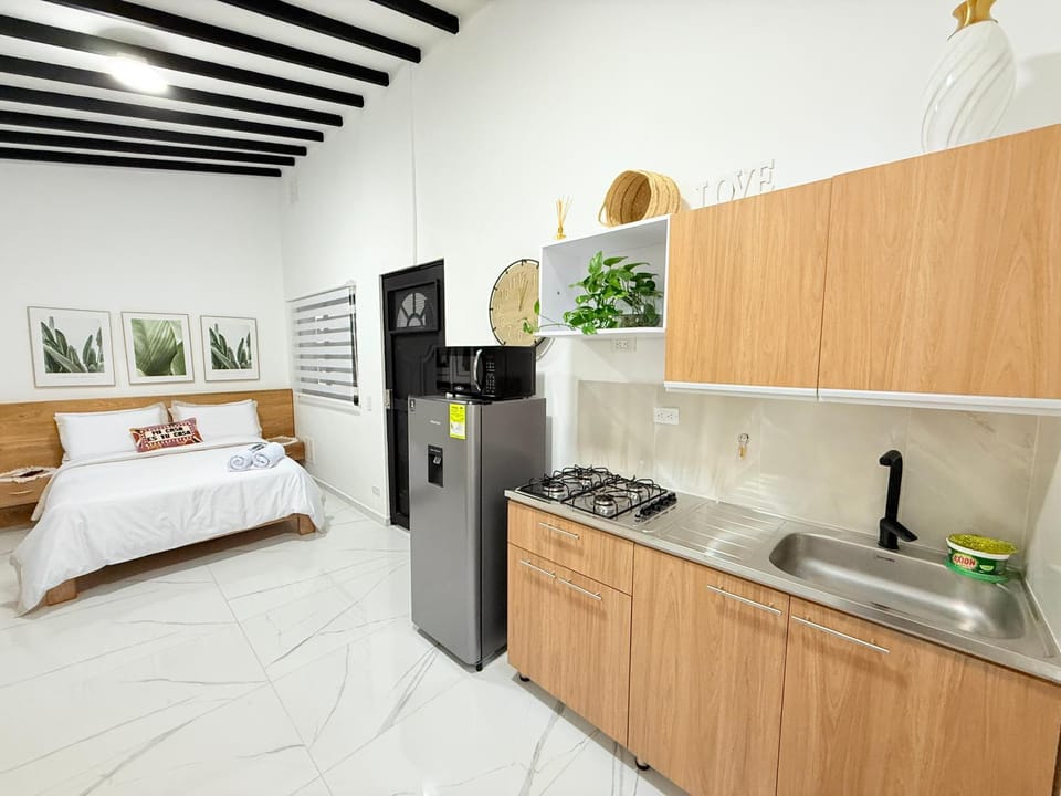 Bed, Coffee/tea facilities, Kitchen or kitchenette, Photo of the whole room, Bedroom, minibar, oven, stove