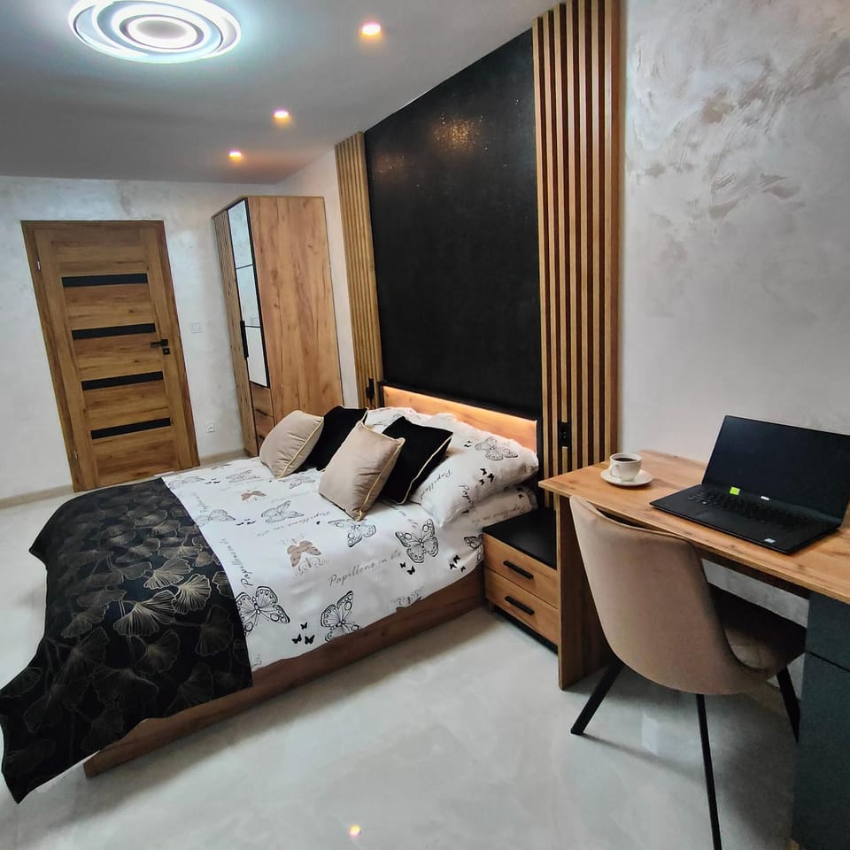 Bed, wardrobe