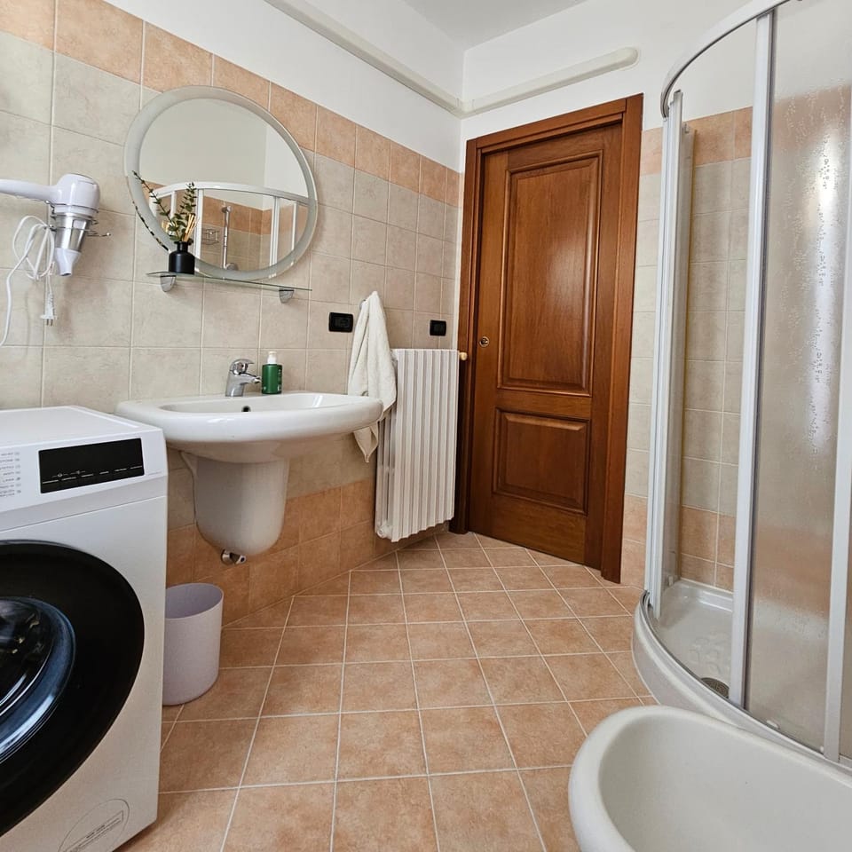 Shower, Toilet, Bathroom, bidet, towels, washing machine