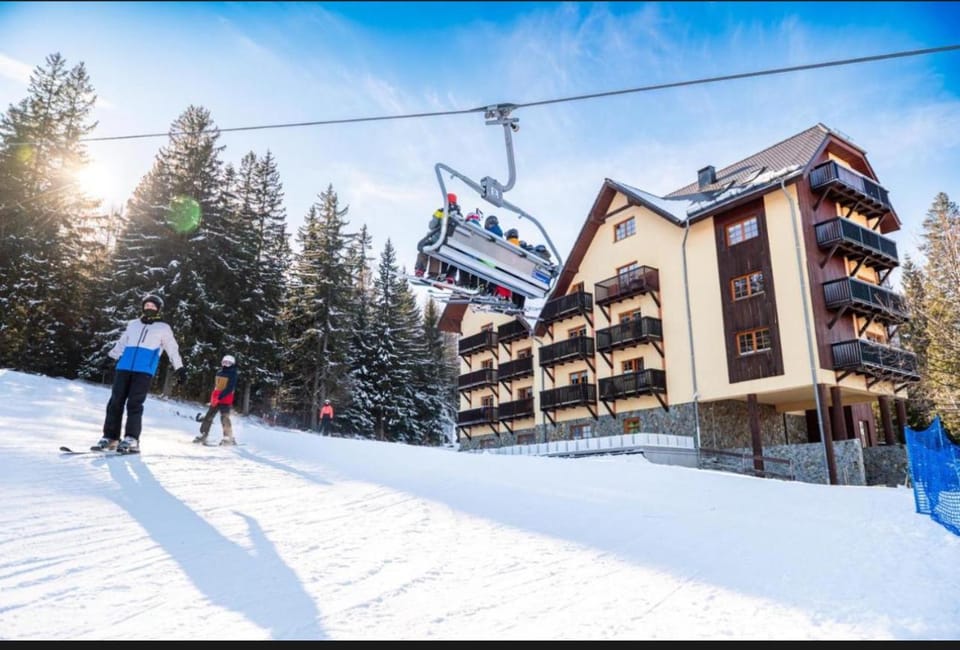 Property building, Winter, Skiing, group of guests