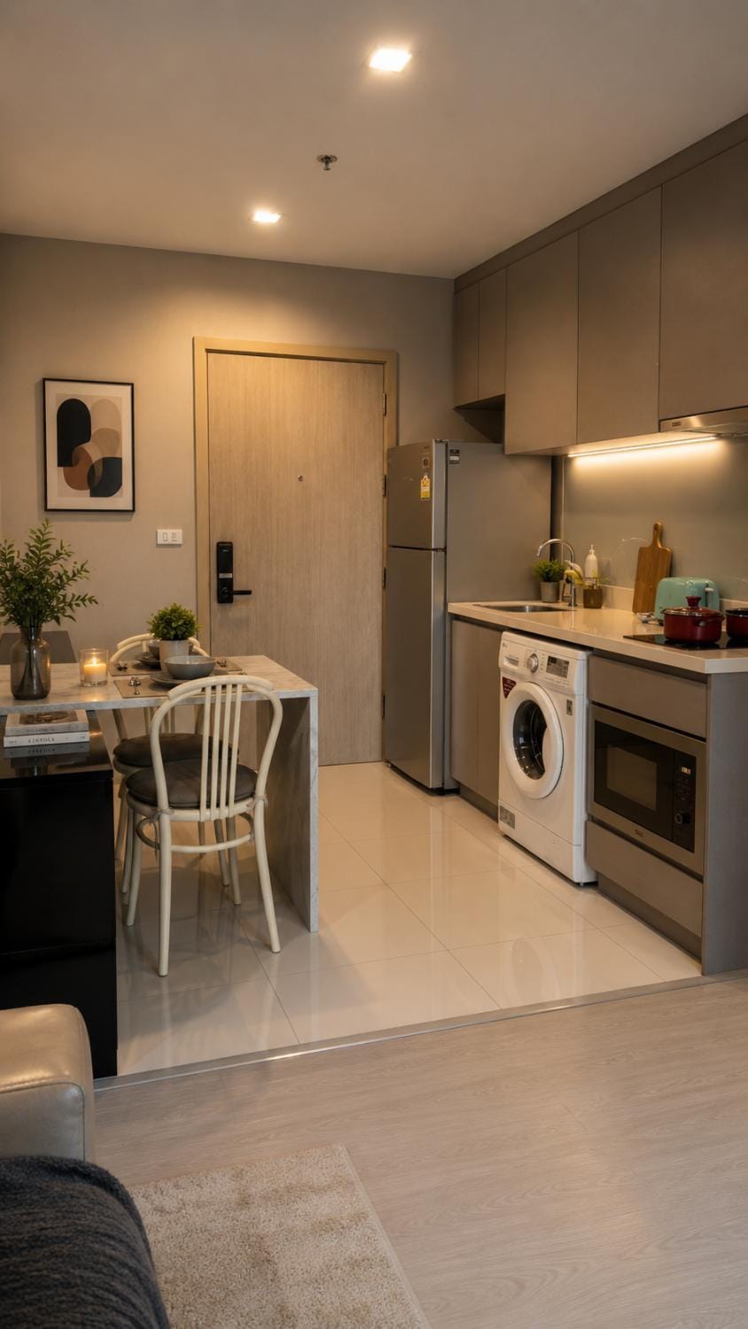 Kitchen or kitchenette, Dining area, dishwasher, oven, stove, toaster, washing machine