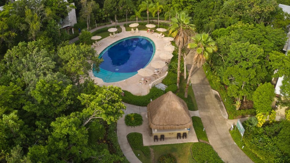Property building, Nearby landmark, Spring, Day, Natural landscape, Bird's eye view, Garden, Garden view, Pool view, Swimming pool