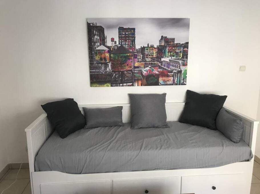 Bed, Living room, Seating area