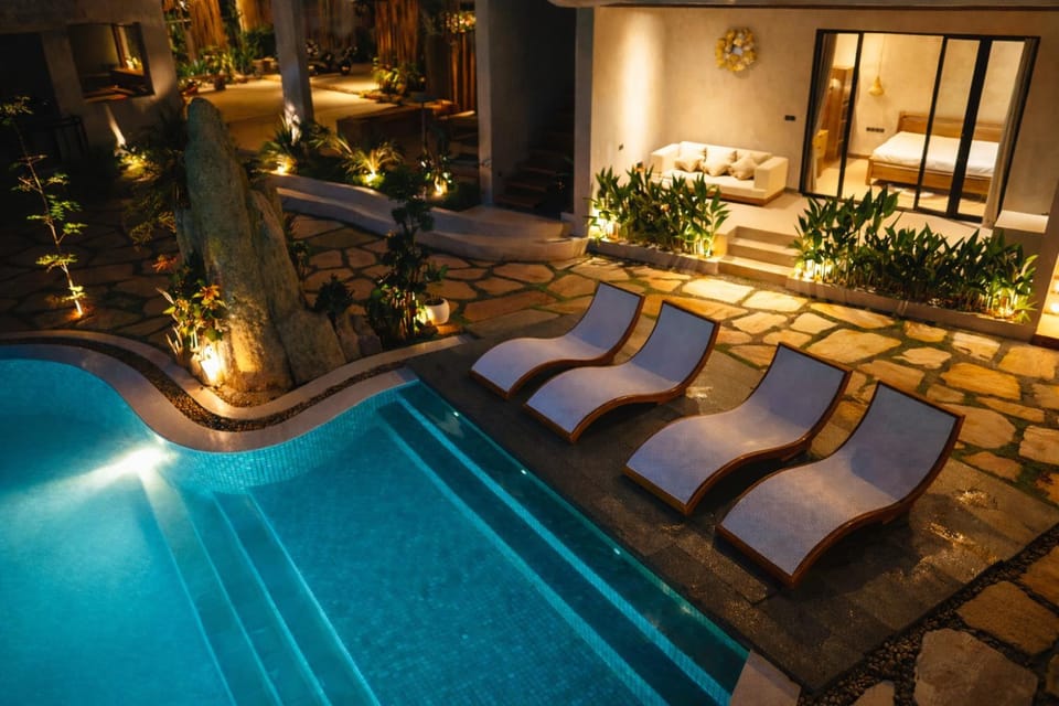 Night, Garden, Swimming pool, Swimming pool, sunbed