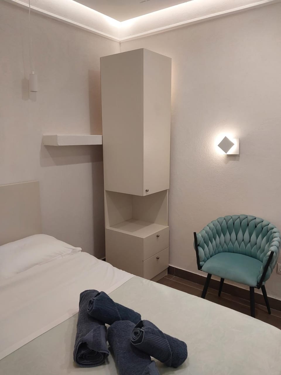 Bed, wardrobe