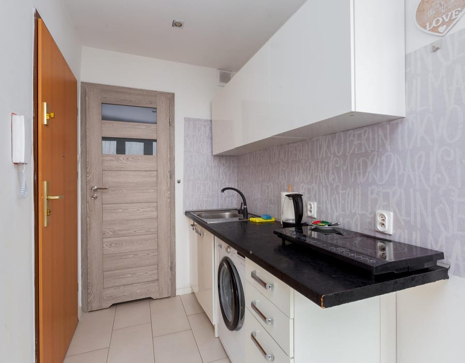 Kitchen or kitchenette, stove, washing machine