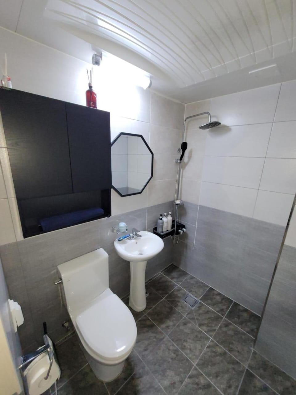 Shower, Toilet, Bathroom, hair dryier, towels