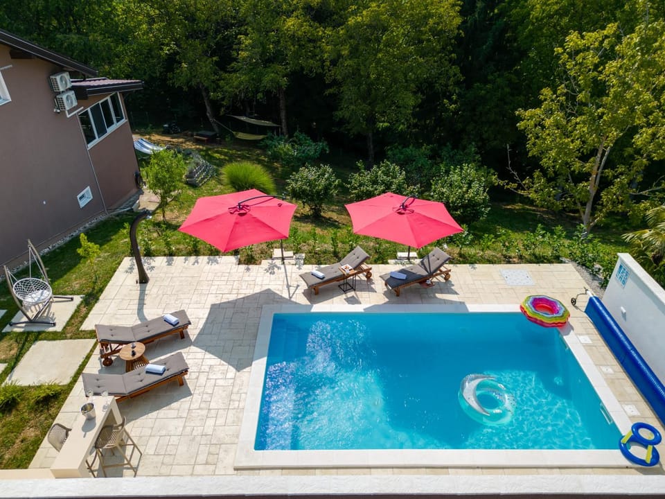 Spring, Pool view, Swimming pool, sunbed