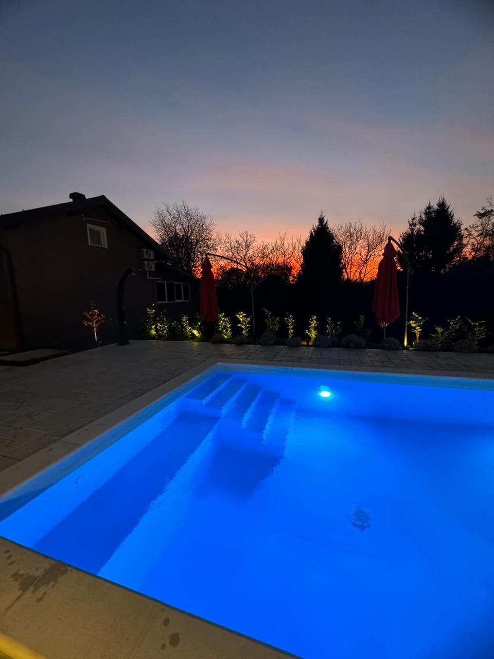 Night, Pool view, Swimming pool, Sunset, sunbed