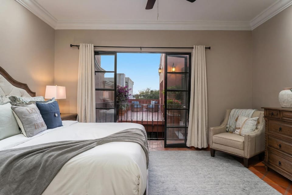 Patio, Bed, Seating area, Bedroom