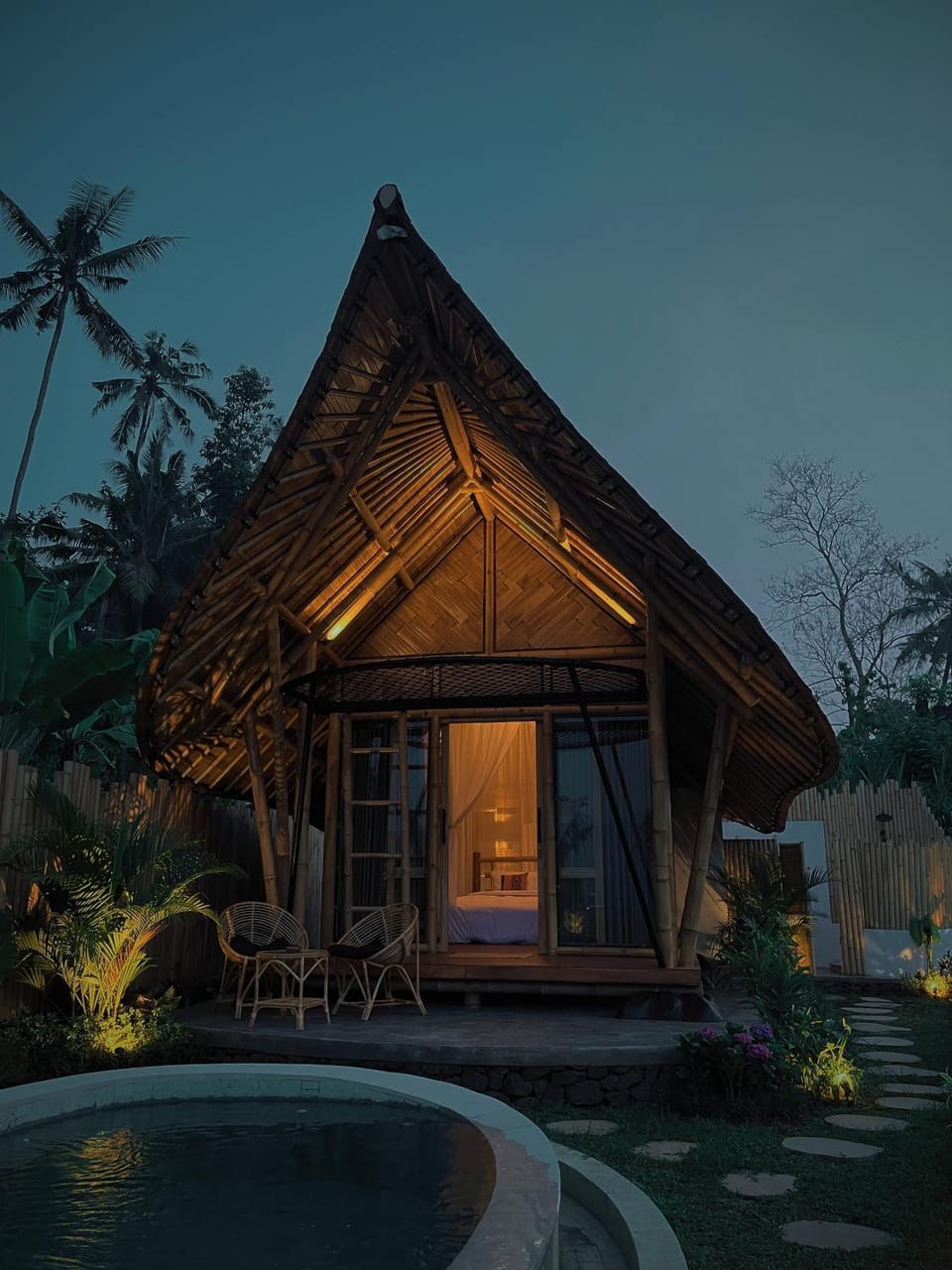 Property building, Patio, Night, Swimming pool