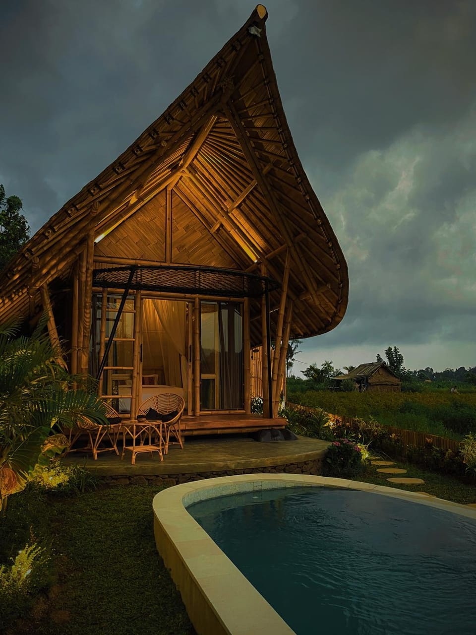 Property building, Night, Natural landscape, Garden, Garden view, Pool view, Swimming pool