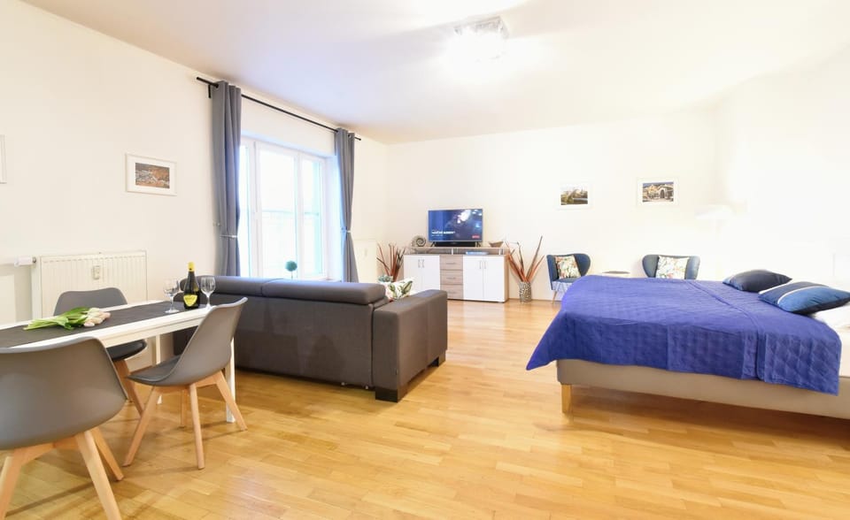 Bed, TV and multimedia, Living room, Photo of the whole room, Seating area, Dining area, Bedroom