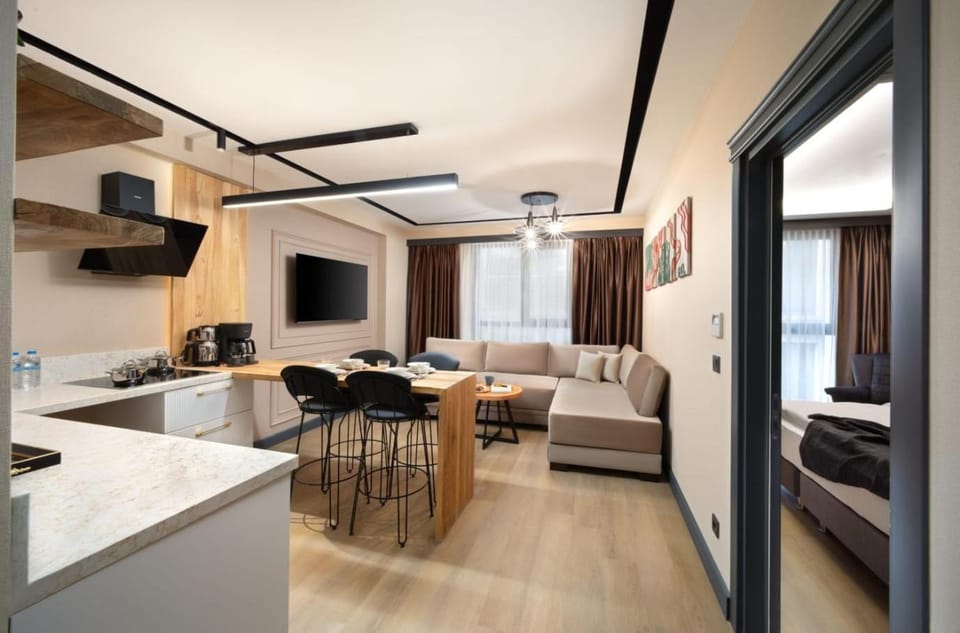 Coffee/tea facilities, Kitchen or kitchenette, Living room, Seating area, Dining area, kitchen, air conditioner