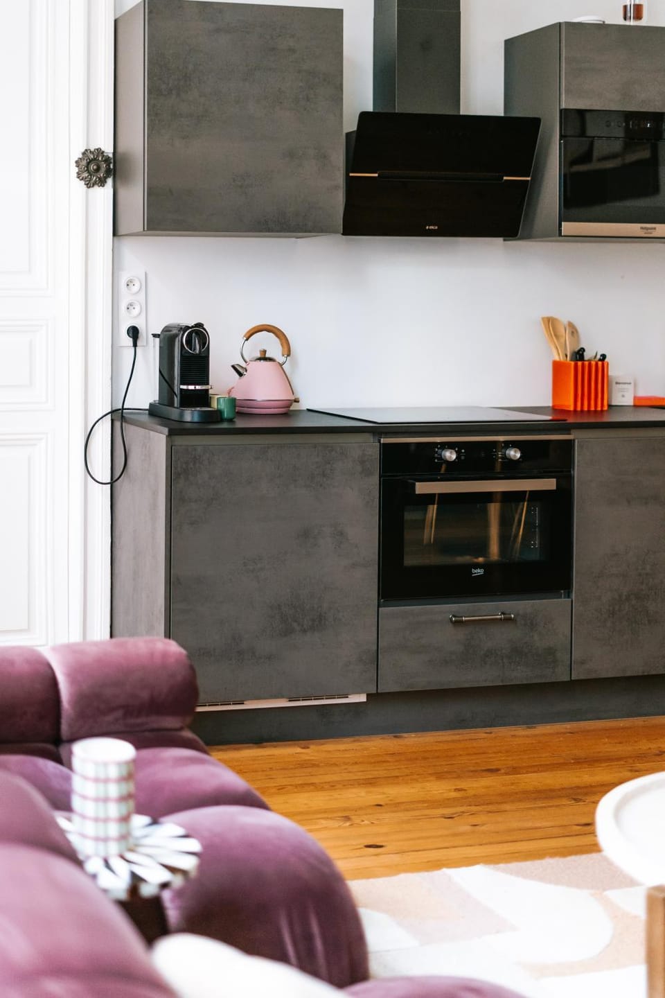 Kitchen or kitchenette, stove