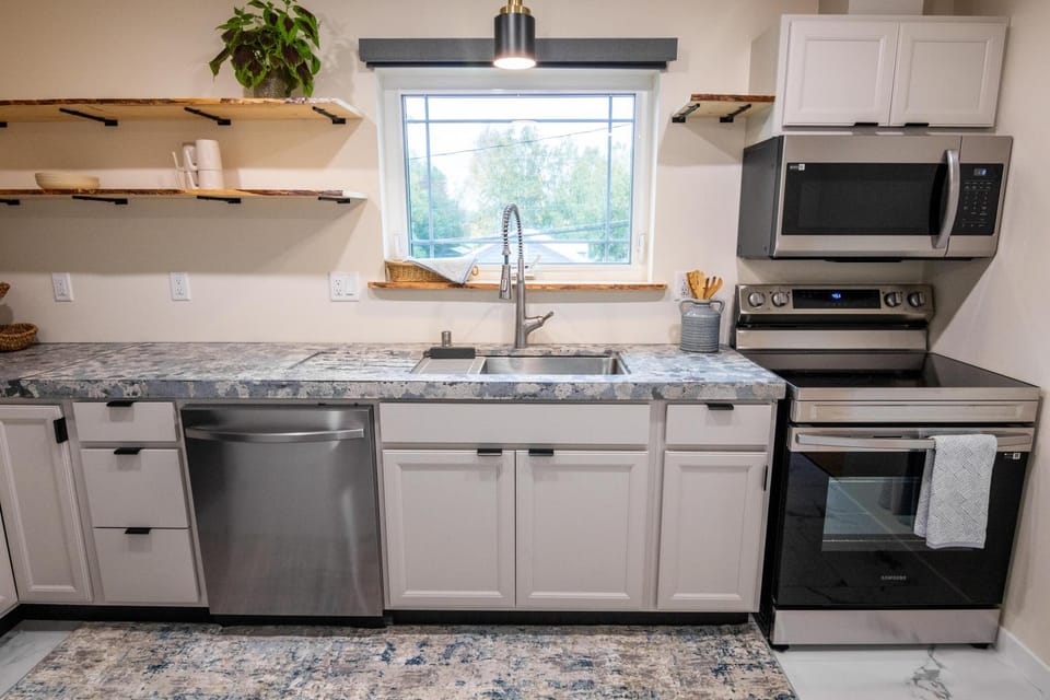 Kitchen or kitchenette, dishwasher, oven, stove