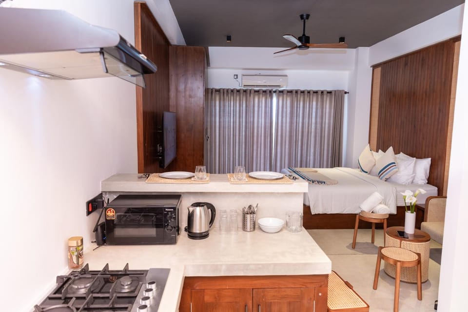 Kitchen or kitchenette, stove