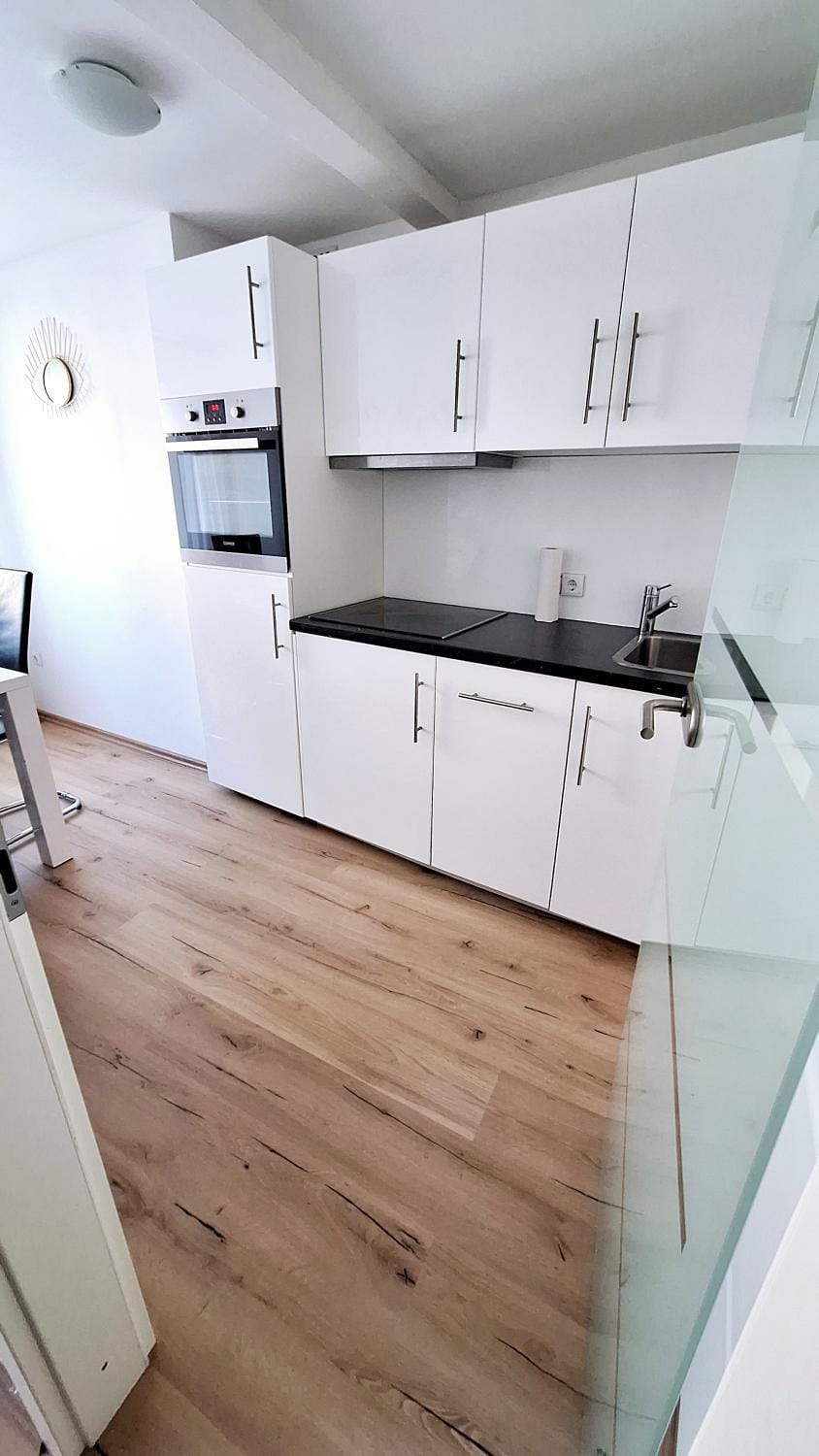 Kitchen or kitchenette, dishwasher, oven, stove
