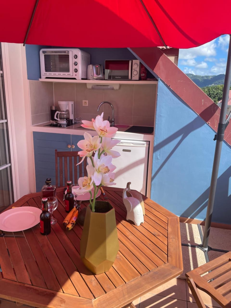 Coffee/tea facilities, Kitchen or kitchenette, Dining area, stove