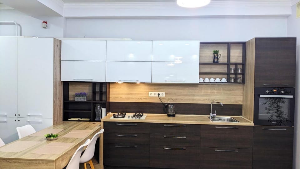 Kitchen or kitchenette, stove