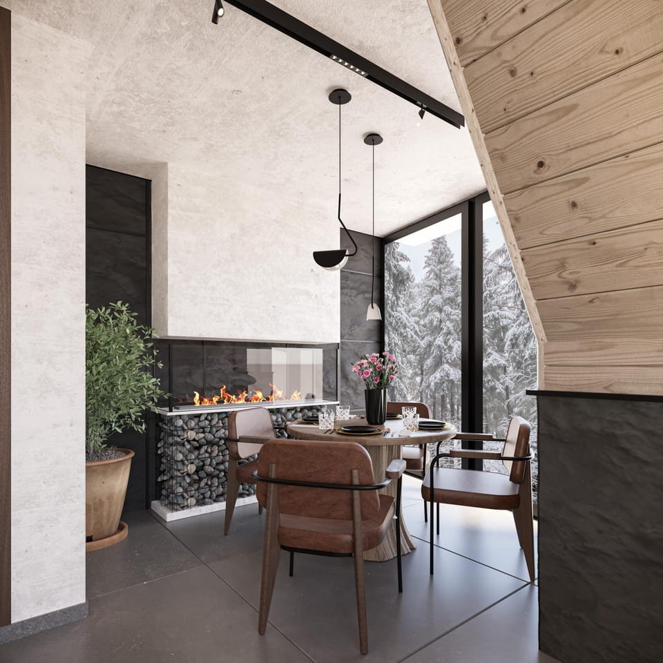 Dining area, fireplace