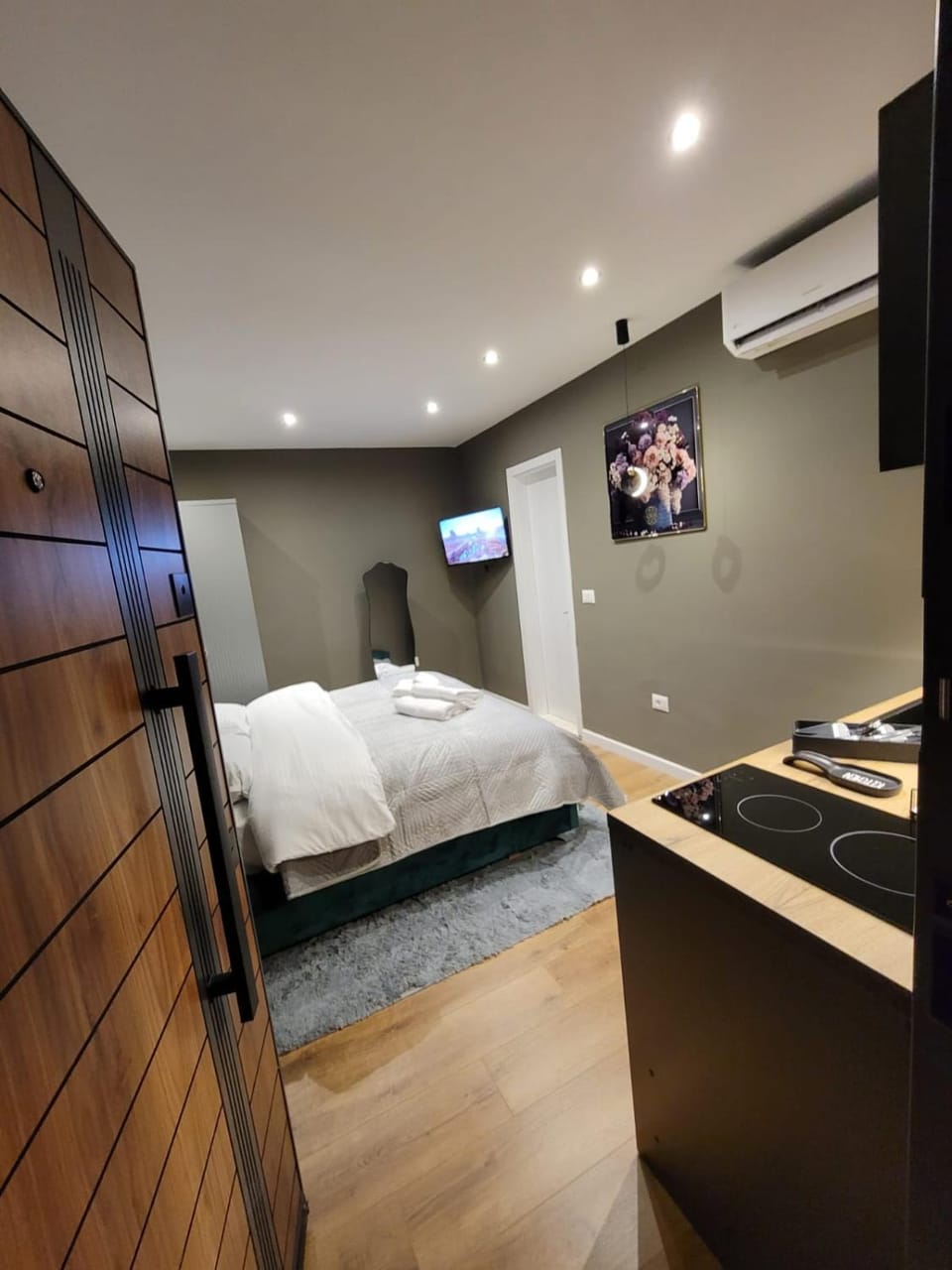 Bed, TV and multimedia, Kitchen or kitchenette, Photo of the whole room, Evening entertainment, Bedroom, air conditioner