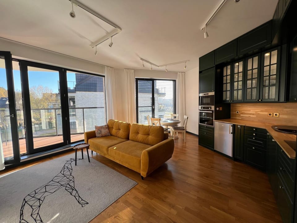 Kitchen or kitchenette, Living room, Seating area, Dining area, oven