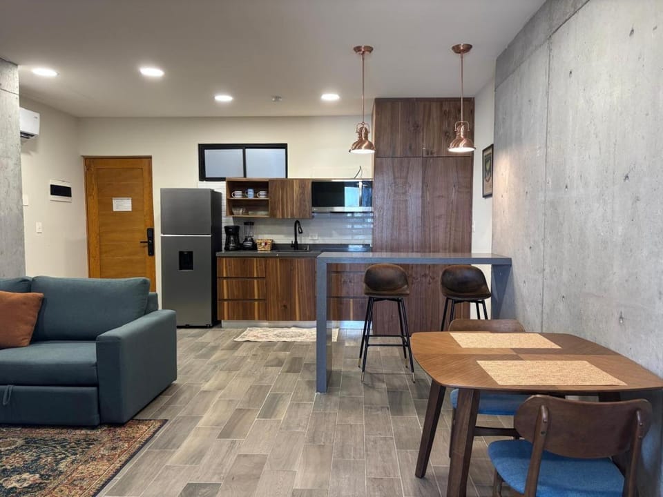 Kitchen or kitchenette, Living room, Dining area, stove