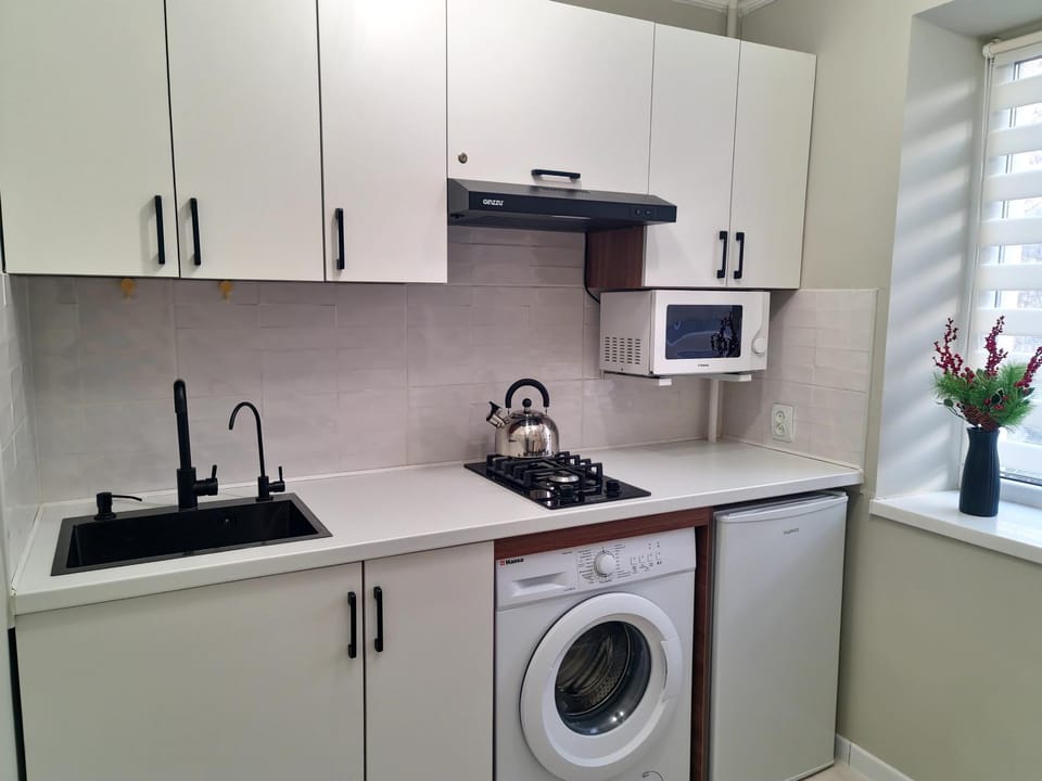 Kitchen or kitchenette, microwave, stove