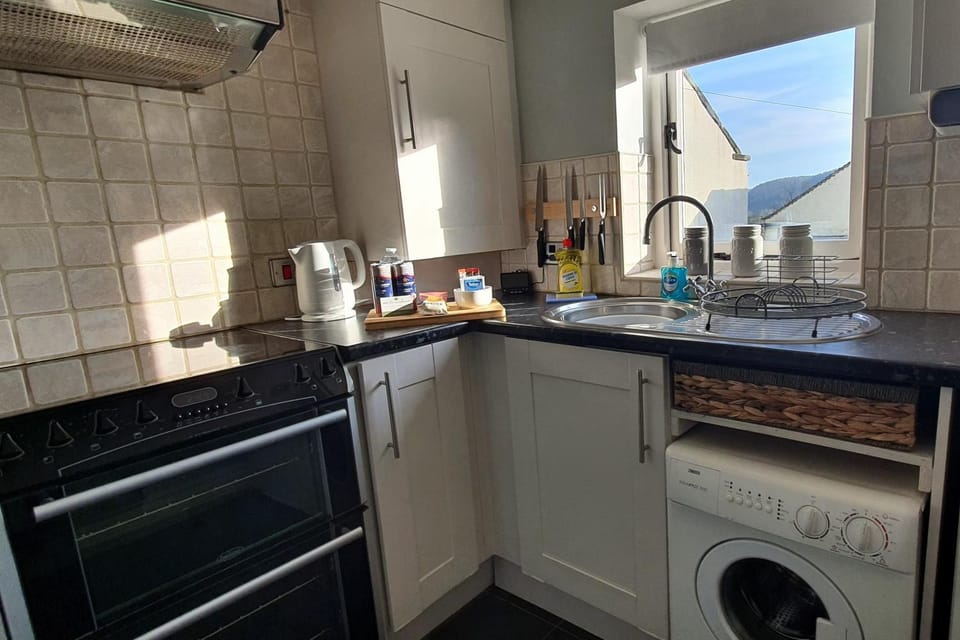 Kitchen or kitchenette, oven, stove, toaster, washing machine