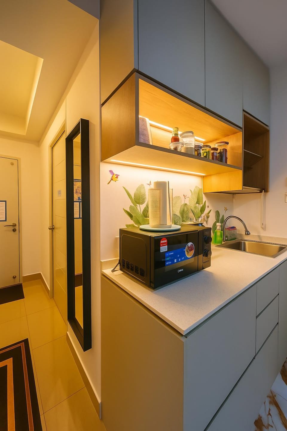 Kitchen or kitchenette, microwave