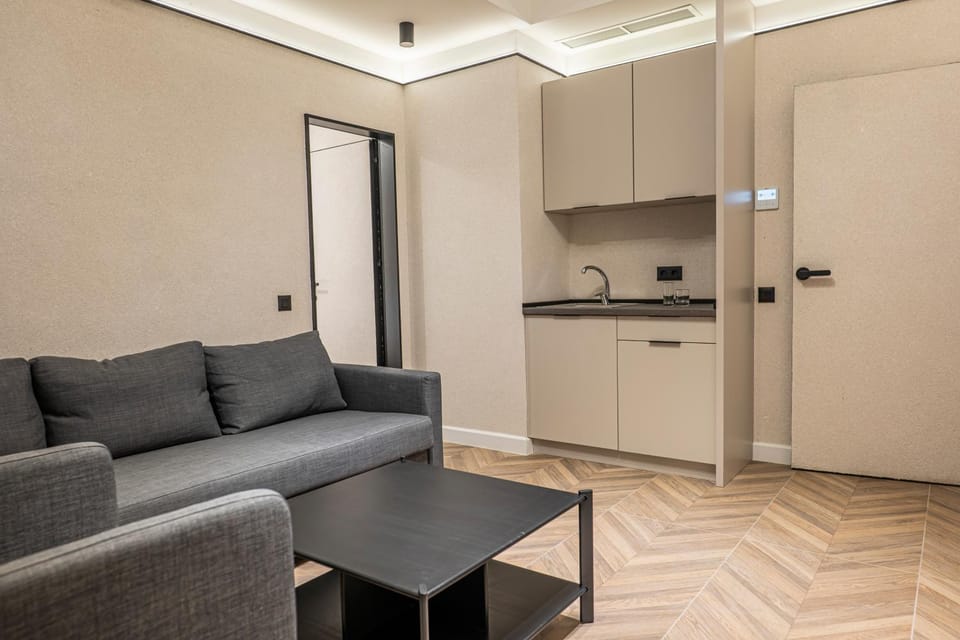 Kitchen or kitchenette, Living room, Seating area, Inner courtyard view