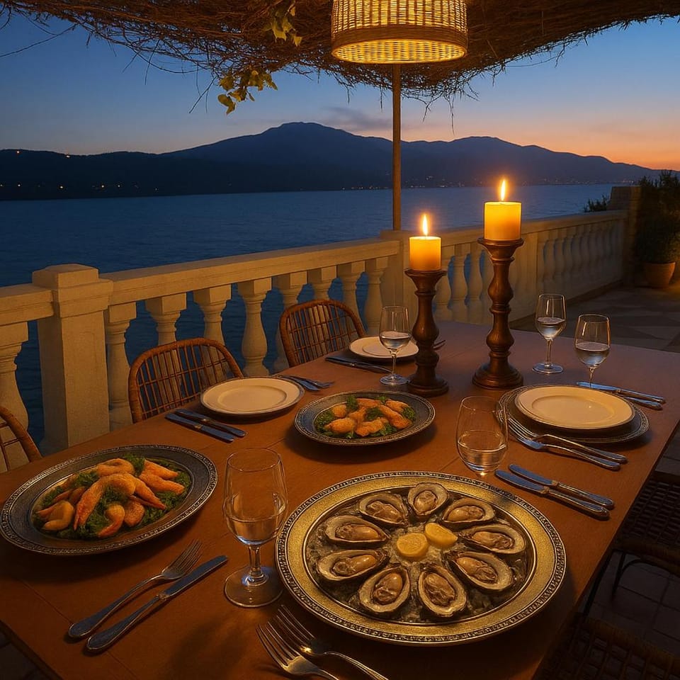 Natural landscape, Food and drinks, Dining area, Food, Sea view, Dinner, Drinks