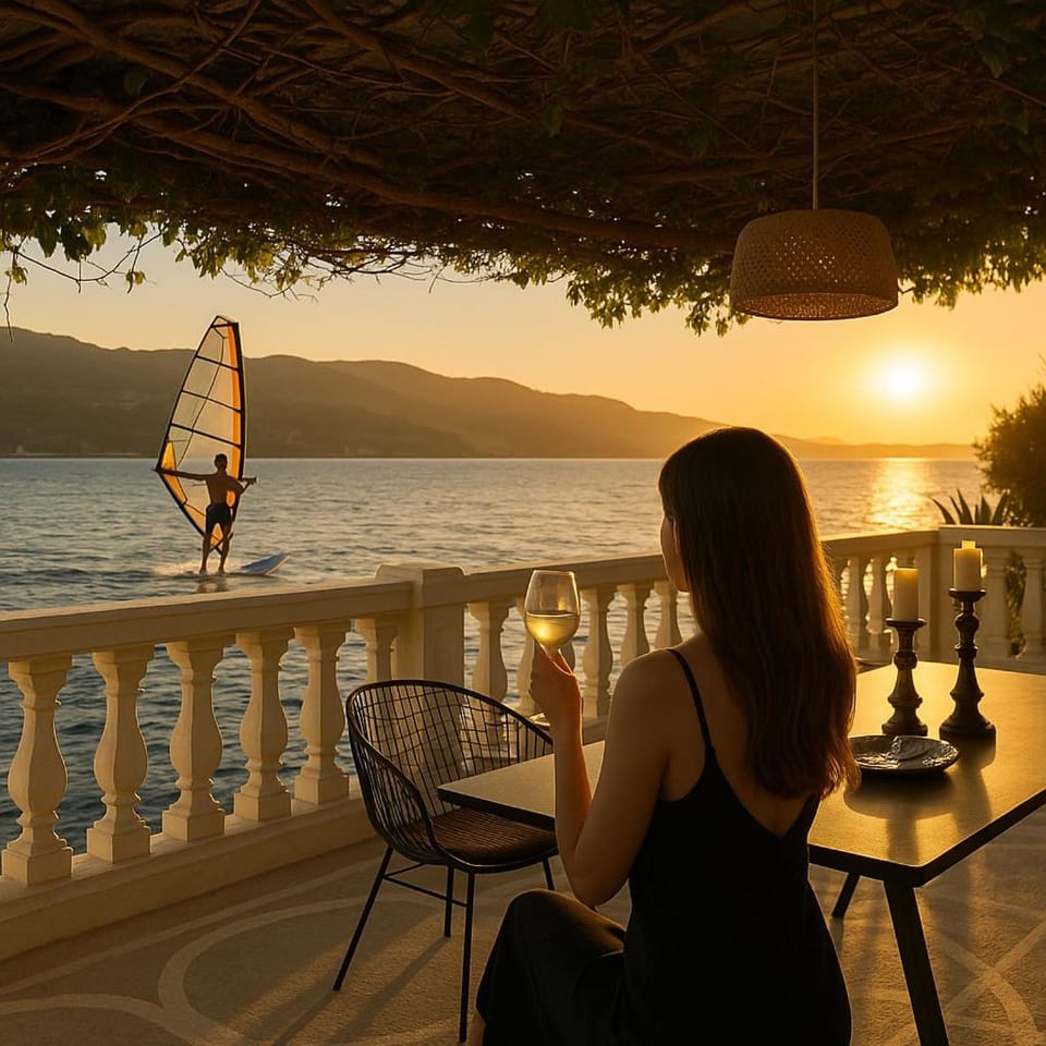 Patio, Day, Natural landscape, View (from property/room), Balcony/Terrace, Dining area, Sea view, Sunrise, Sunset, group of guests