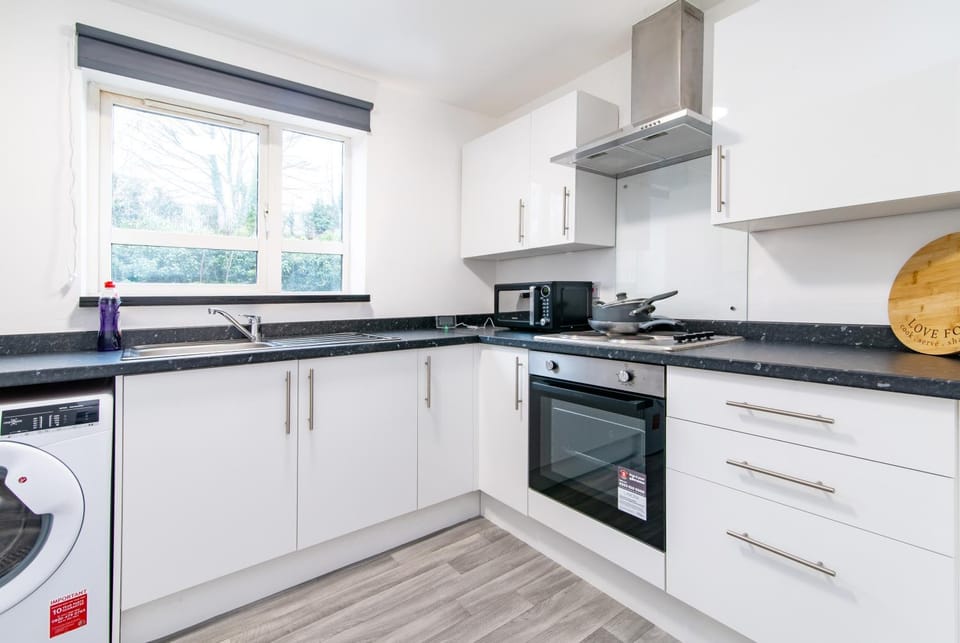 Kitchen or kitchenette, oven, stove, washing machine