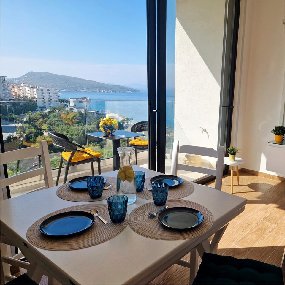 Day, Natural landscape, View (from property/room), Balcony/Terrace, Living room, Seating area, Mountain view, Sea view