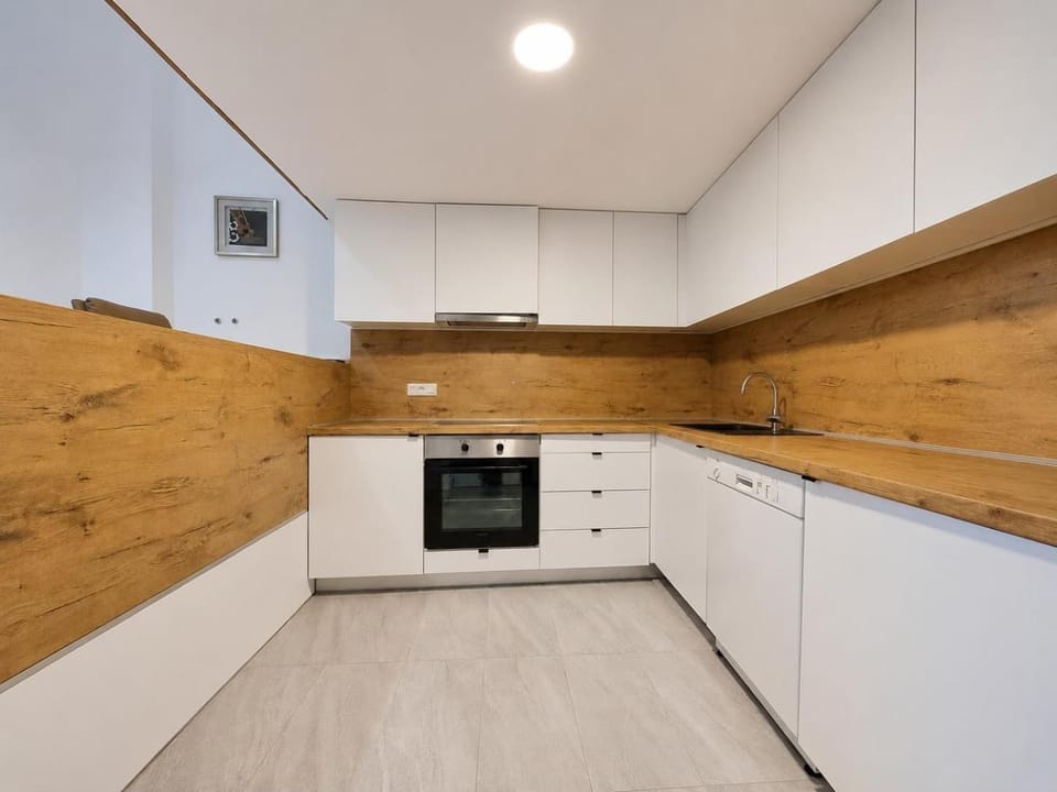 Kitchen or kitchenette, dishwasher, oven, stove