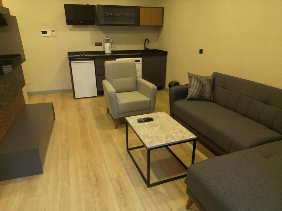 Kitchen or kitchenette, Living room, Seating area, Dining area