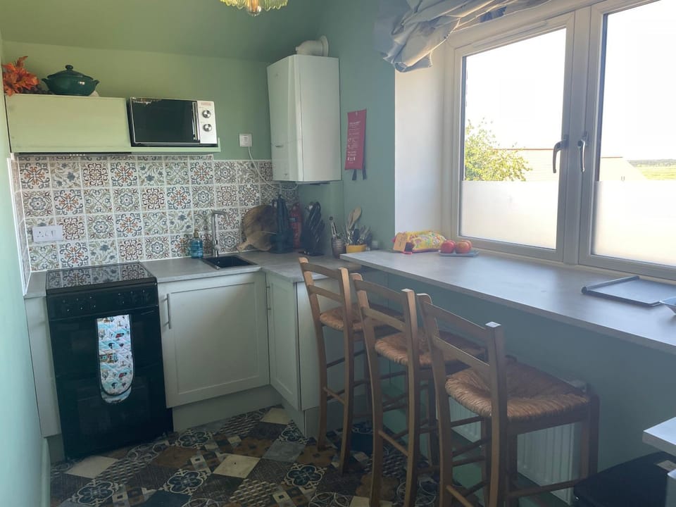 Sea view, microwave, oven, stove, kitchen