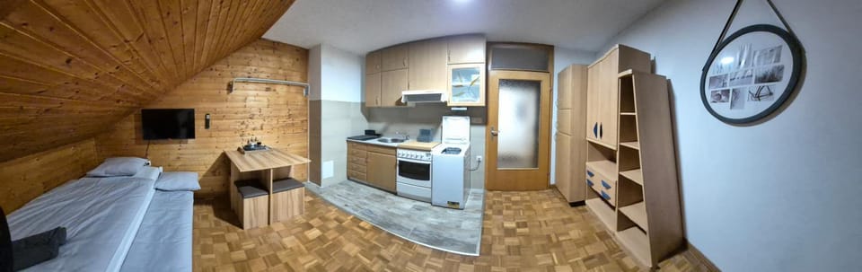 Bed, TV and multimedia, Kitchen or kitchenette, Photo of the whole room, Bedroom, oven, towels