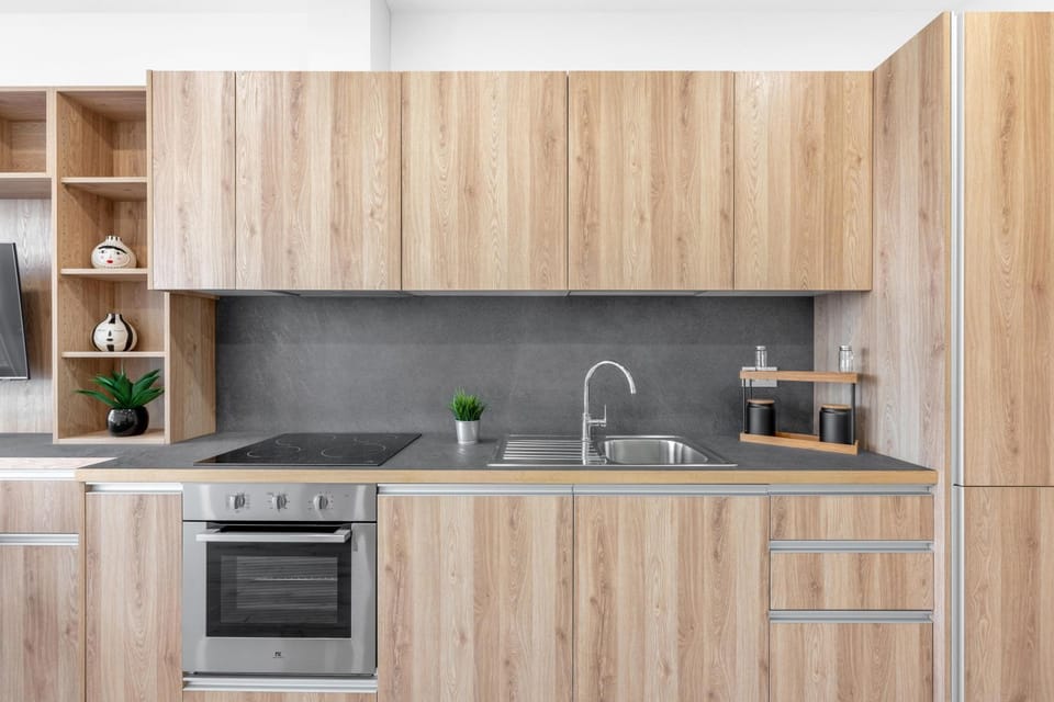 Kitchen or kitchenette, stove