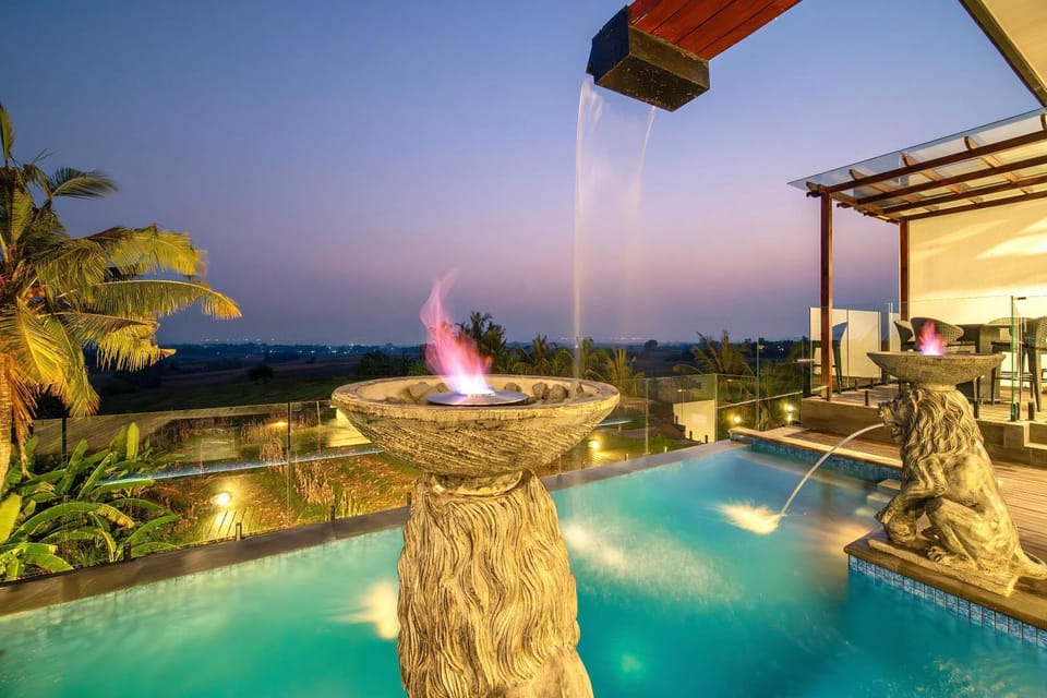 Patio, Night, Natural landscape, Pool view, Swimming pool, Swimming pool, sunbed